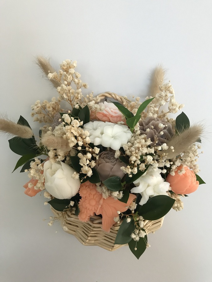 Light Hanging Flower Basket with Peach, White & Mocha Flowers