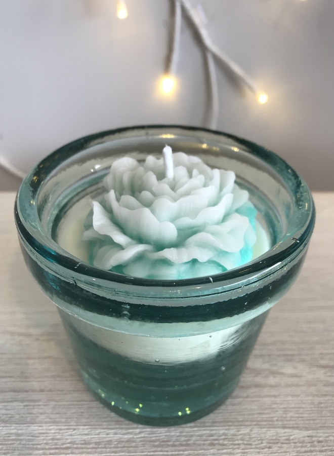 Pre-loved Recycled Green Glass Candle with a Turquoise Peony Rose