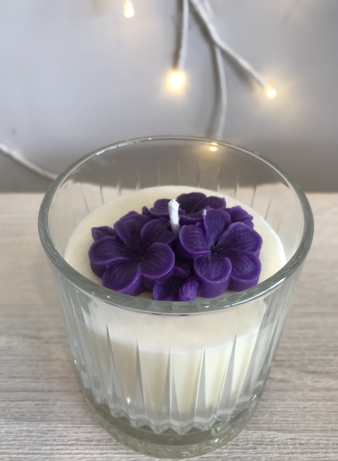 Pre-loved Patterned Whiskey Glass Candle with a Purple Plumeria