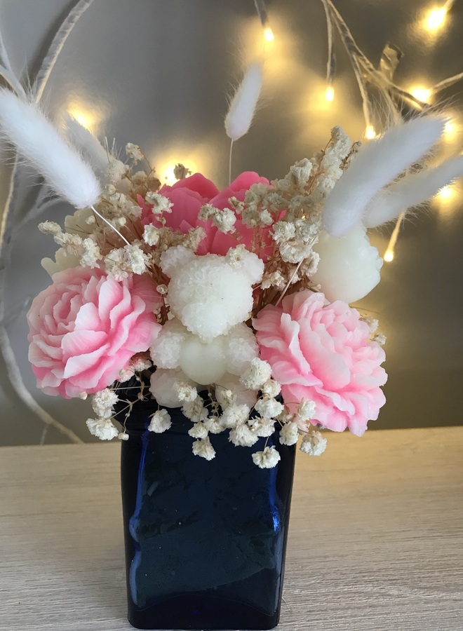 Blue Glass Vase with Pink & White Flowers & a Teddy