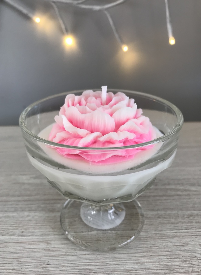 Pre-loved Vintage Glass Compote Candle with a Pink Peony Rose