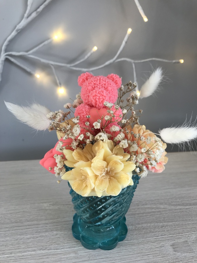 Turquoise Glass Votive with Scented Pink & Lemon Flowers & a Teddy