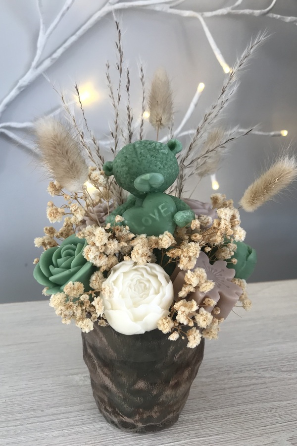 Gold Embossed Glass with Scented Green, Mocha & White Flowers with a Love Heart Teddy