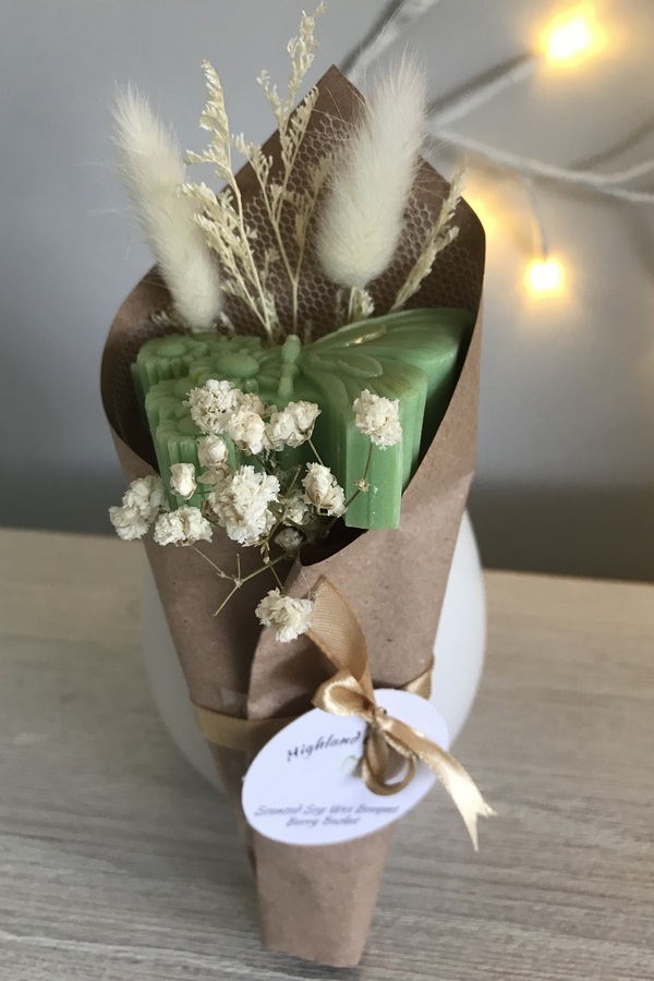 Mini Scented Soy Wax Wrapped Bouquet with Green Butterfly & Bunny tails