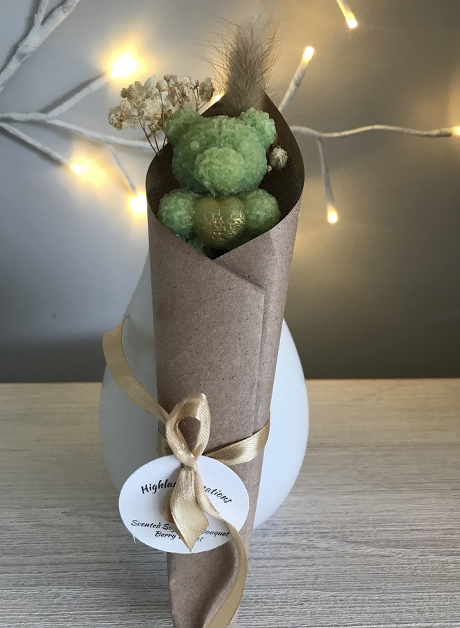 Mini Scented Soy Wax Wrapped Bouquet with Green Teddy & Bunny Tail