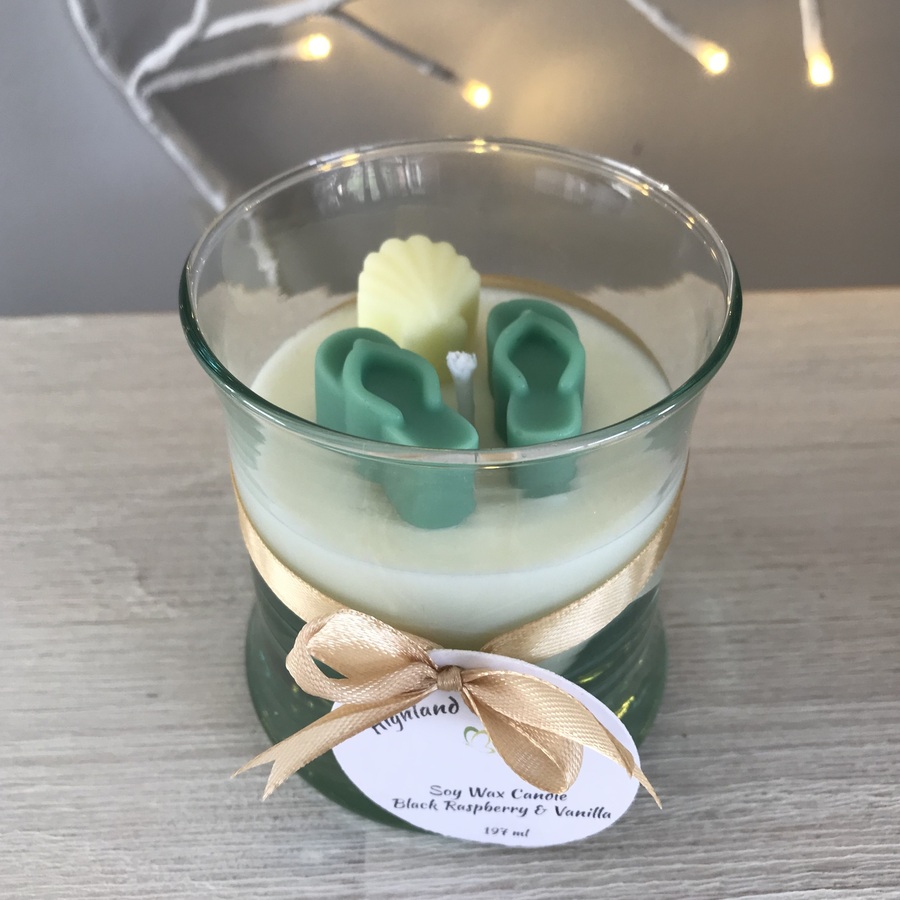 Pre-loved Pale Green Glass Candle with Green Jandals & Lemon Sea Shell