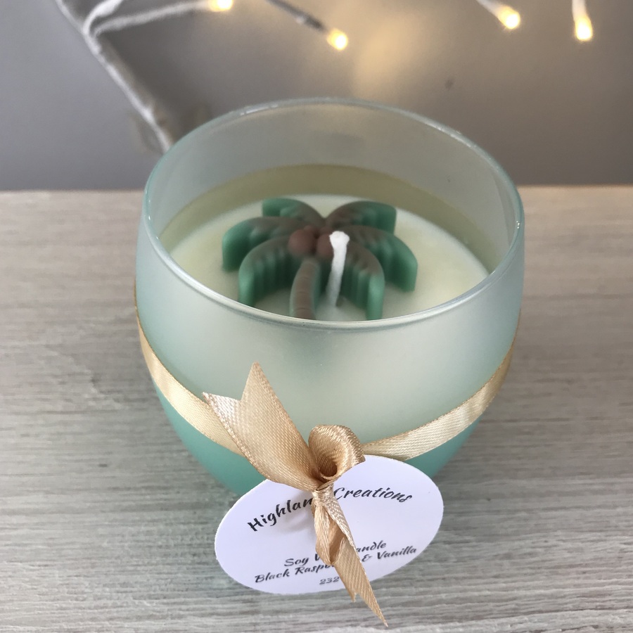 Pre-loved Ombre Green Frosted Glass Candle with Coconut Palm Tree