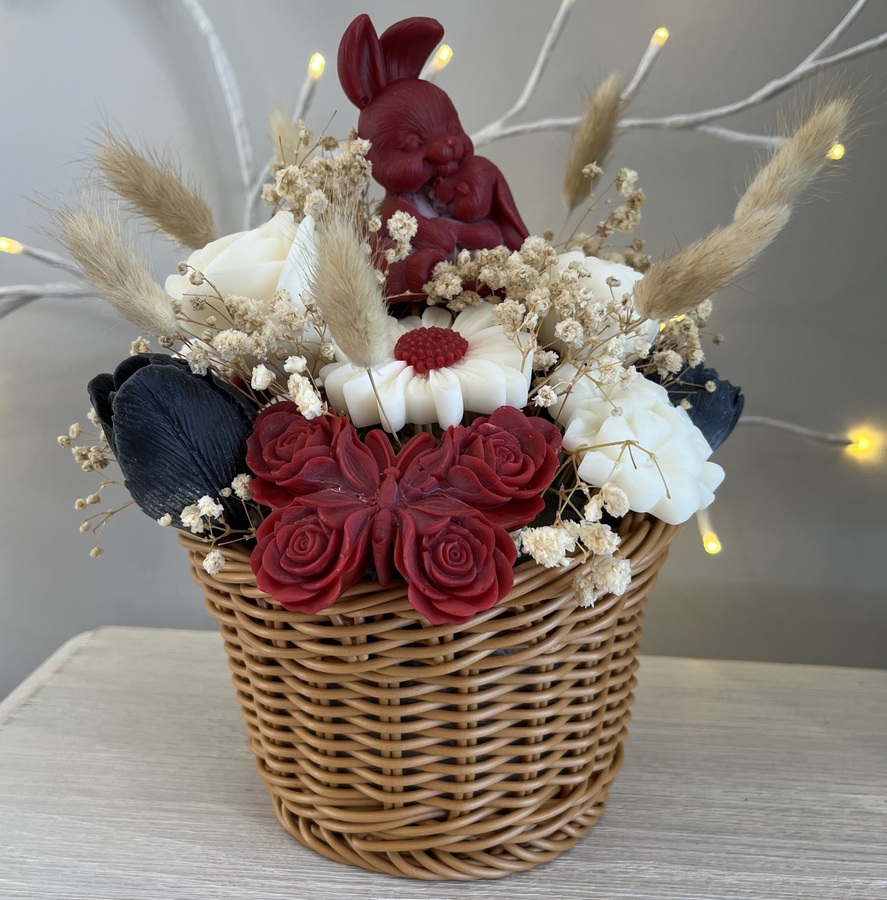 Hanging Basket with Scented Burgundy, Black & White Flowers, Bunnies & Butterfly