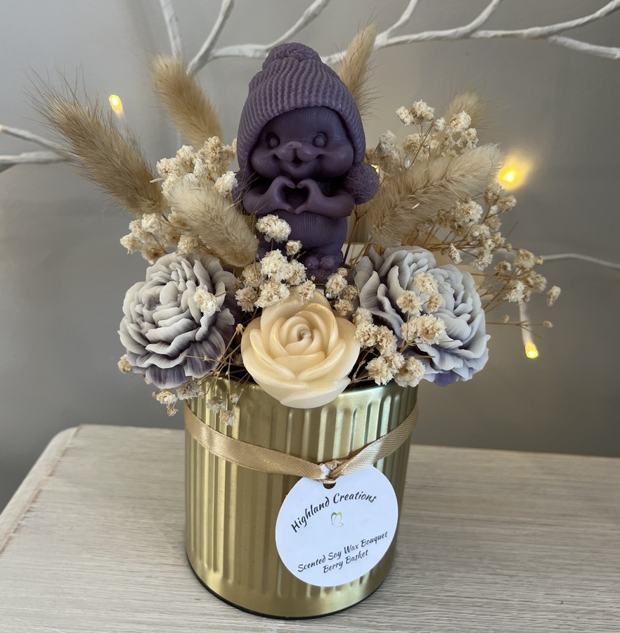 Gold Canister with Scented Purple & White Flowers, Bear & Butterfly