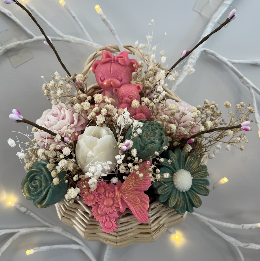 Hanging Basket with Scented Pink, Green & White Flowers, Teddies & Butterfly
