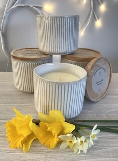Natural Haven Linear Glazed Stoneware Canister scented candle in White with Lid | Highland Creations