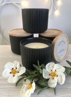 Midnight Haven Linear Stoneware Canister scented candle in Black with Lid | Highland Creations