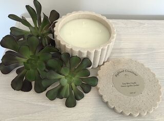 Desert Sanctuary Travertine Style Canister scented candle with matching lid | Highland Creations