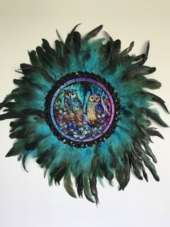 2 Owls Teal Blue Feather Wall Decor
