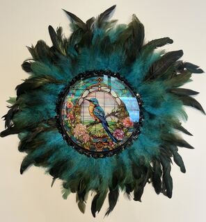 Bird & Roses Teal Blue Feather Wall Decor