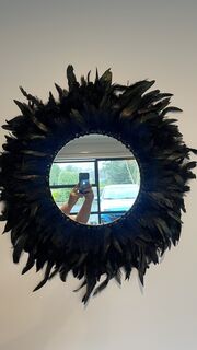 Blue & Natural Black Feather Wall Decor with Mirror