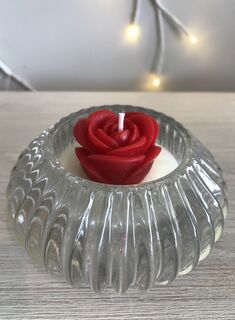 Pre-loved Heavy Glass Patterned Candle with Red Rose