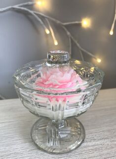 Pre-loved vintage glass compote with lid & pink peony rose