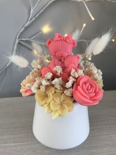 White Pot with Scented Pink & Lemon Flowers, 2 Teddy's & a Butterfly