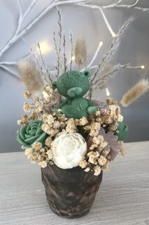 Gold Embossed Glass with Scented Green, Mocha & White Flowers with a Love Heart Teddy