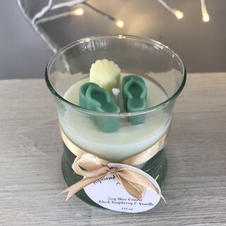 Pre-loved Pale Green Glass Candle with Green Jandals & Lemon Sea Shell