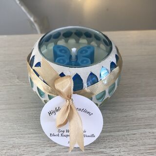 Pre-loved Blue & Gold Mosaic Glass Candle with a Blue Butterfly